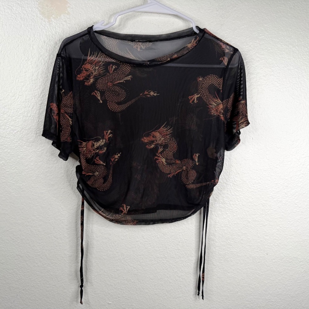 G Mini Sheer Mesh Asian Dragon Festival Y2K Ruched Sides Cropped Top Black Sz S